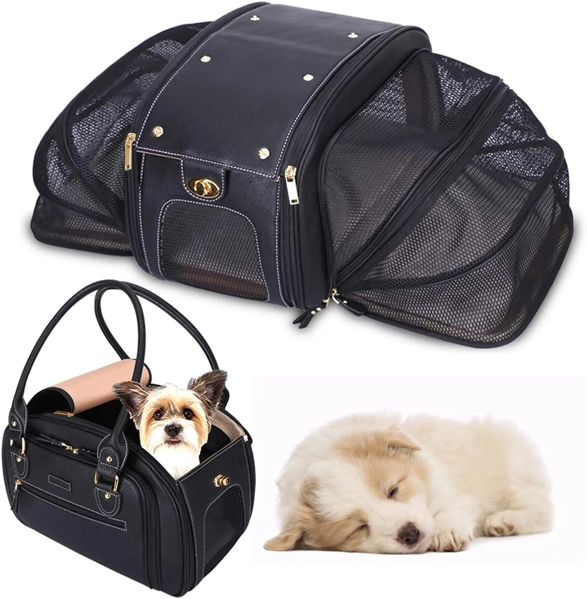 PetsHome Dog Carrier, Cat Carrier, Expandable Foldable Airline Approved Leather Pet Travel Portable Bag Carrier for Small Dog, Medium Black