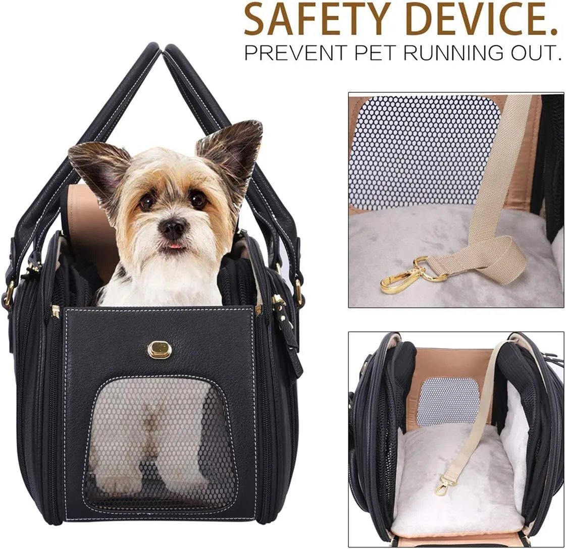PetsHome Dog Carrier, Cat Carrier, Expandable Foldable Airline Approved Leather Pet Travel Portable Bag Carrier for Small Dog, Medium Black