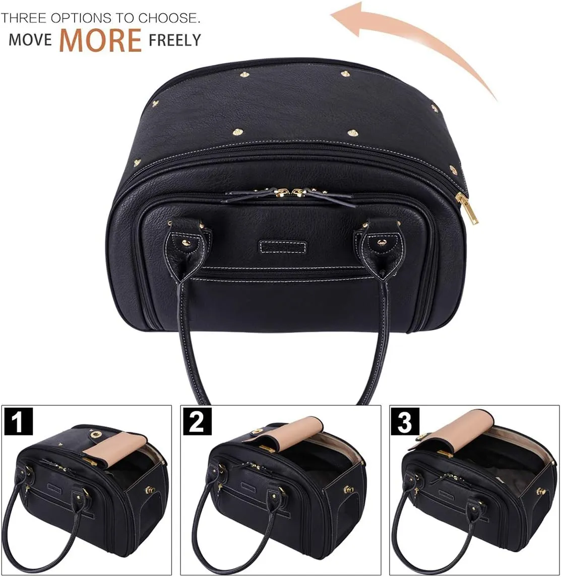 PetsHome Dog Carrier, Cat Carrier, Expandable Foldable Airline Approved Leather Pet Travel Portable Bag Carrier for Small Dog, Medium Black