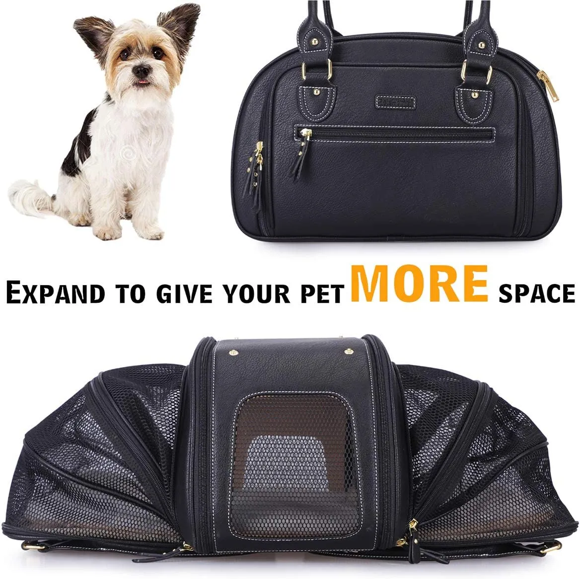 PetsHome Dog Carrier, Cat Carrier, Expandable Foldable Airline Approved Leather Pet Travel Portable Bag Carrier for Small Dog, Medium Black