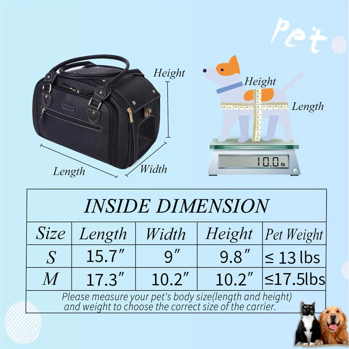 PetsHome Dog Carrier, Cat Carrier, Expandable Foldable Airline Approved Leather Pet Travel Portable Bag Carrier for Small Dog, Medium Black