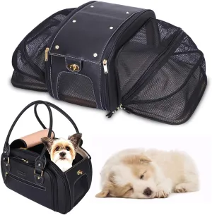 PetsHome Dog Carrier, Cat Carrier, Expandable Foldable Airline Approved Leather Pet Travel Portable Bag Carrier for Small Dog, Medium Black