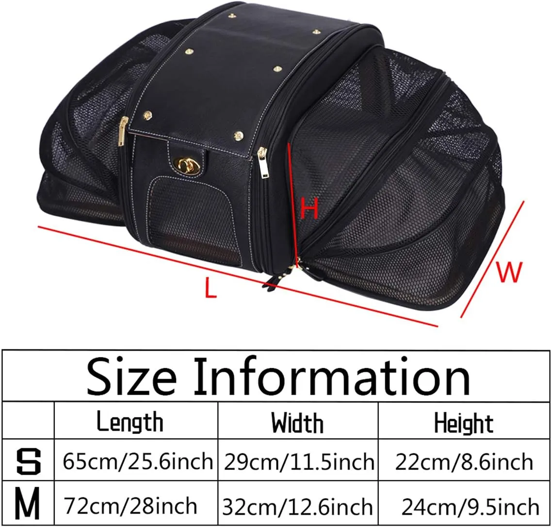 PetsHome Dog Carrier, Cat Carrier, Expandable Foldable Airline Approved Leather Pet Travel Portable Bag Carrier for Small Dog, Medium Black