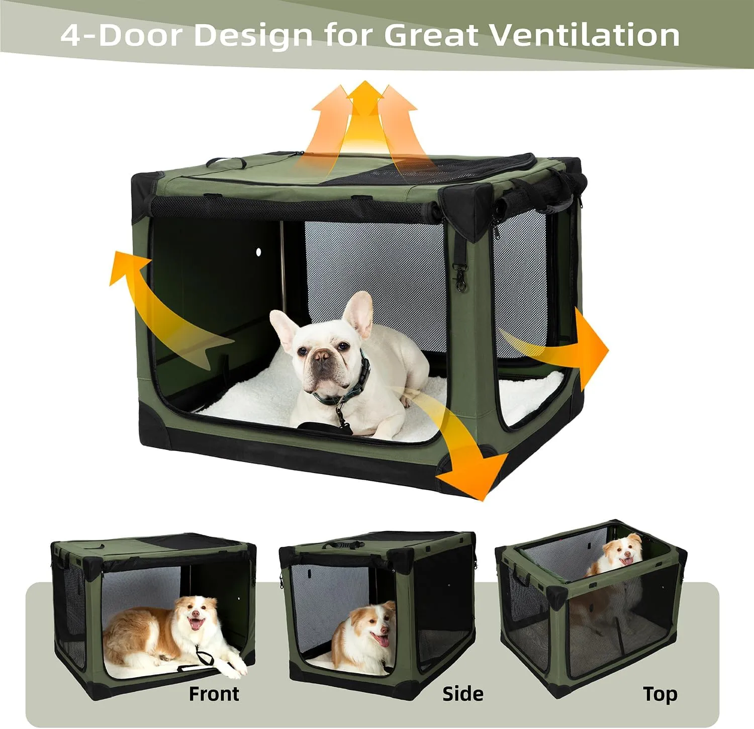 Pettycare Portable Travel Dog Crate 4-Door Soft Sided 42 Inch Collapsible Dog Crate with Curtains Durable Mesh Foldable Pet Kennel Soft Crates for Large Dogs Indoor & Outdoor Olive Green