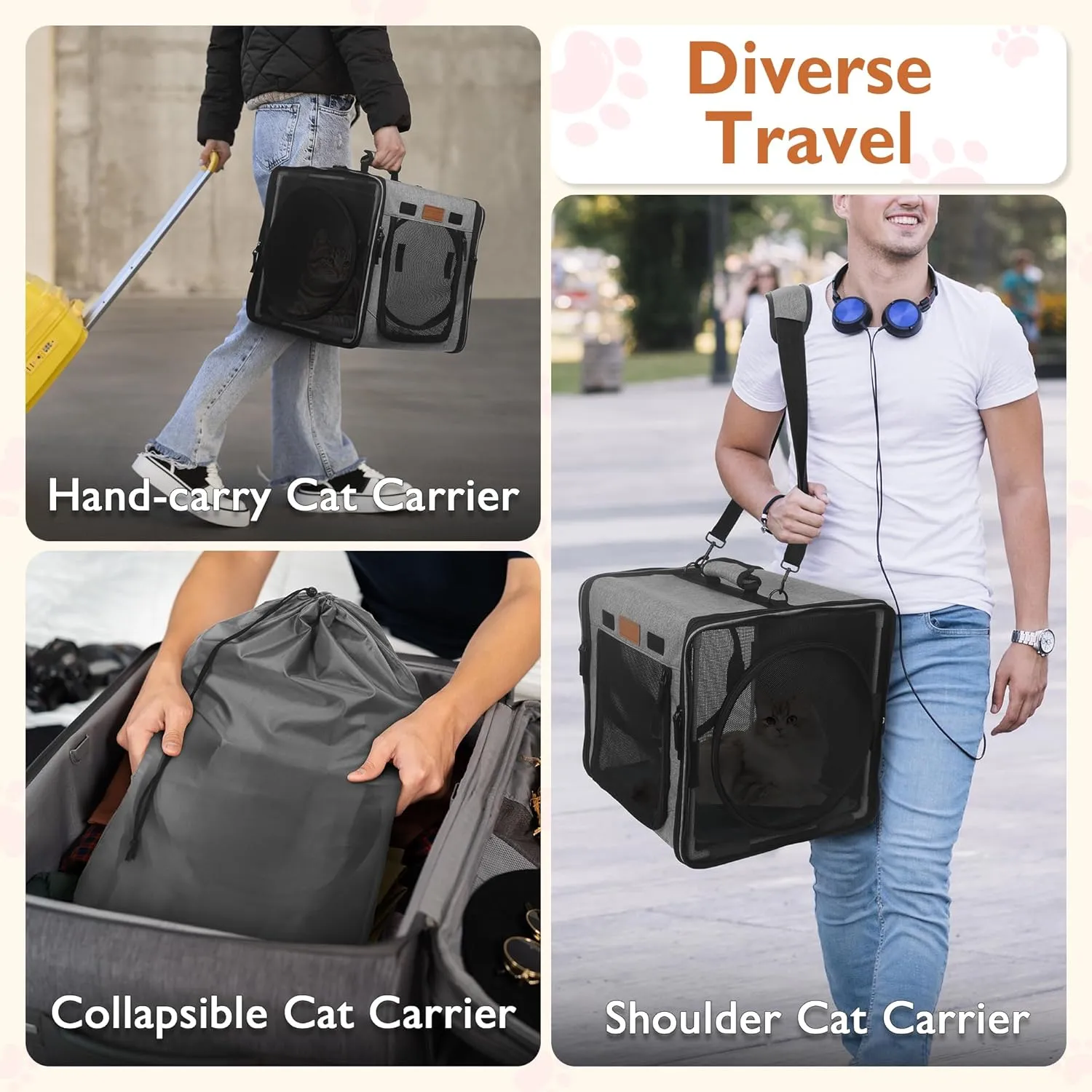 PETUX Small Cat Travel Carrier with Little Box for Car Travel, Portable Camping Small Cat Carrier, Cat Carrier Soft with Flannel Mat, Hammock, Protable Tote (Grey)