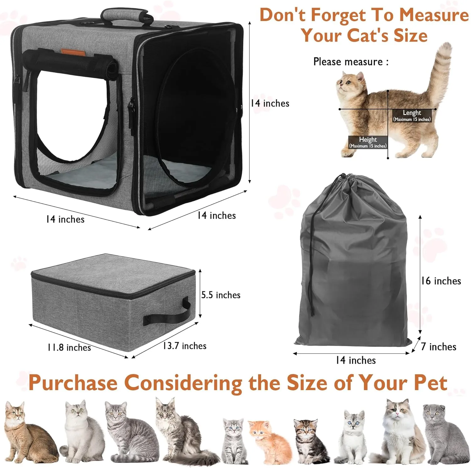 PETUX Small Cat Travel Carrier with Little Box for Car Travel, Portable Camping Small Cat Carrier, Cat Carrier Soft with Flannel Mat, Hammock, Protable Tote (Grey)