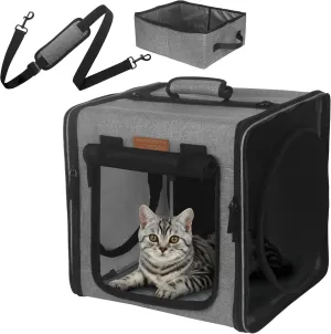 PETUX Small Cat Travel Carrier with Little Box for Car Travel, Portable Camping Small Cat Carrier, Cat Carrier Soft with Flannel Mat, Hammock, Protable Tote (Grey)