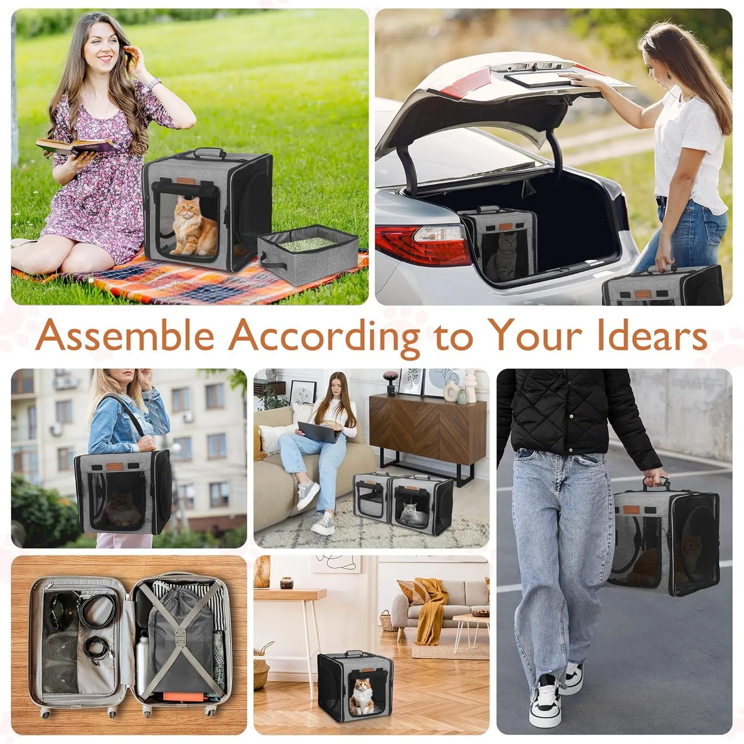 PETUX Small Cat Travel Carrier with Little Box for Car Travel, Portable Camping Small Cat Carrier, Cat Carrier Soft with Flannel Mat, Hammock, Protable Tote (Grey)