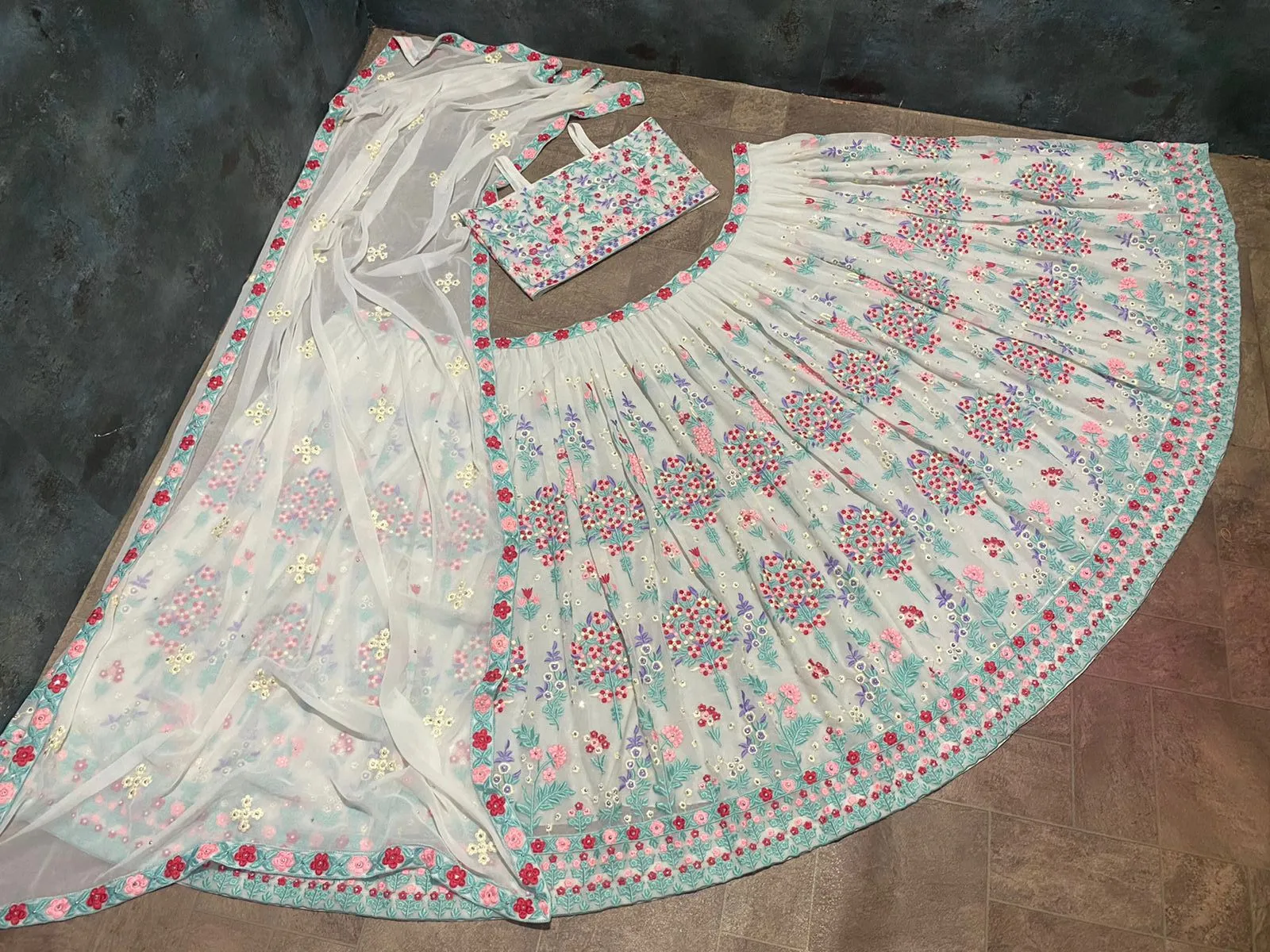 Phenomenal White Color Function Wear Georgette Diamond Work Lehenga Choli