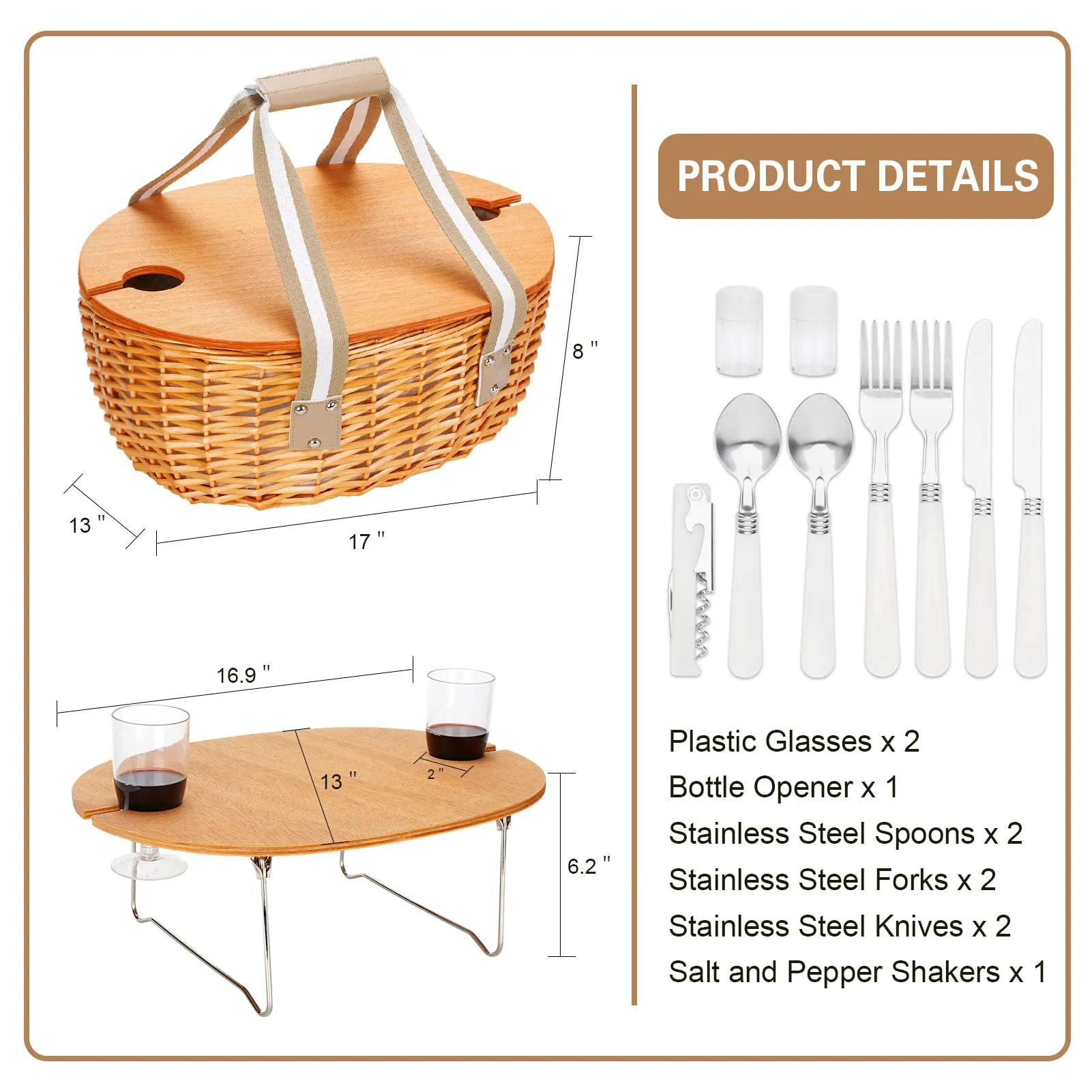 Picnic Basket Set with Foldable Table for 2-Beige