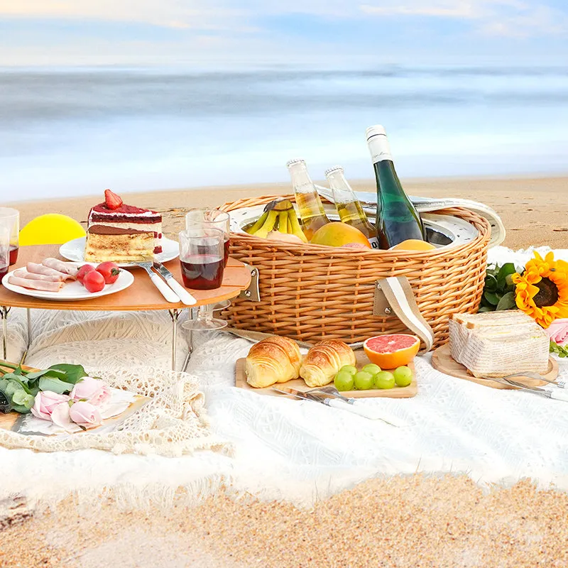 Picnic Basket Set with Foldable Table for 2-Beige