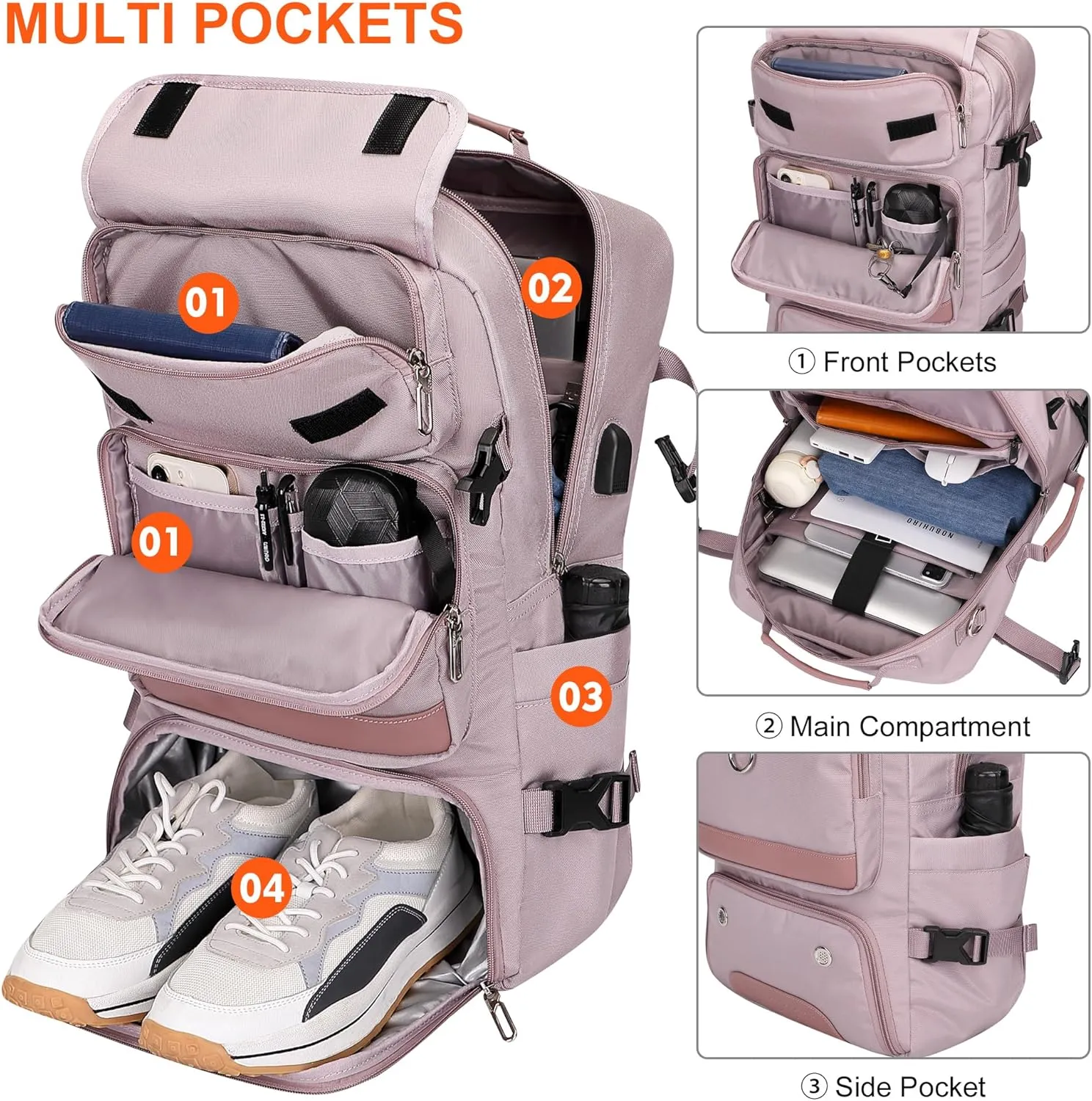 PIJUSHI Travel Backpack for Women Carry on 16 inch Laptop Bag Large Gym Backpacks with Shoe Pocket USB Charging Port(PE039 Light Purple)