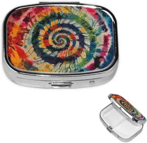 Pill Case with Mirror Retro 2 Compartment Pill Box Colorful Spiral Tie Dye Small Pill Organizer for Purse or Pocket Decorative Metal Medicine Vitamin Organizer Unique Gifts