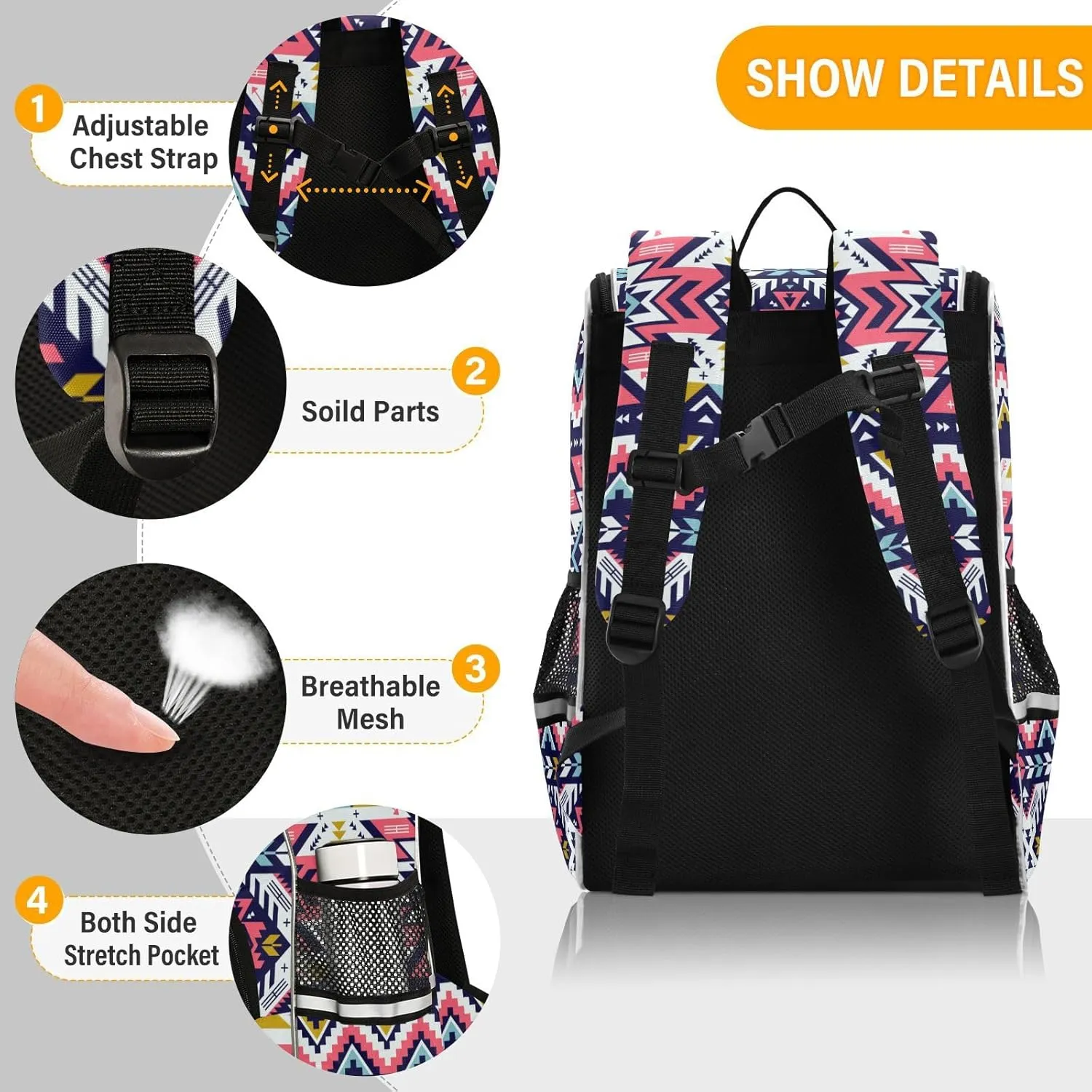 Pink Aztec School Backpacks for Girls, Aztec Print Bookbag Lightweight Durable for School Nursery, with Nighttime Reflector Safety and Anti-Theft