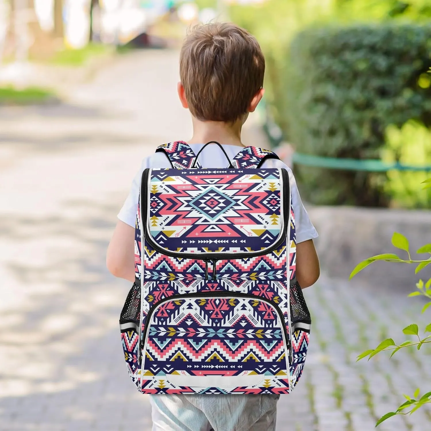 Pink Aztec School Backpacks for Girls, Aztec Print Bookbag Lightweight Durable for School Nursery, with Nighttime Reflector Safety and Anti-Theft