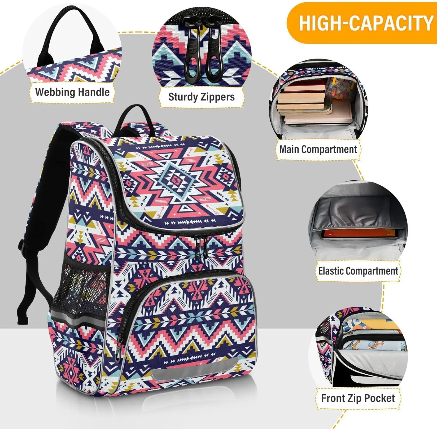 Pink Aztec School Backpacks for Girls, Aztec Print Bookbag Lightweight Durable for School Nursery, with Nighttime Reflector Safety and Anti-Theft