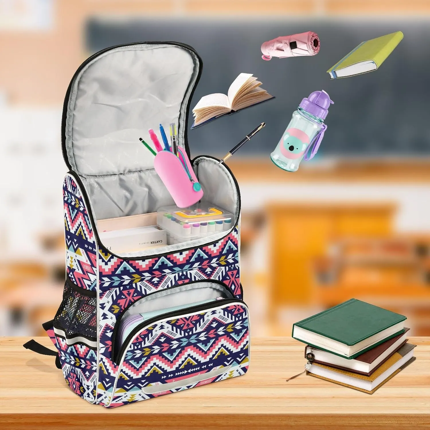 Pink Aztec School Backpacks for Girls, Aztec Print Bookbag Lightweight Durable for School Nursery, with Nighttime Reflector Safety and Anti-Theft