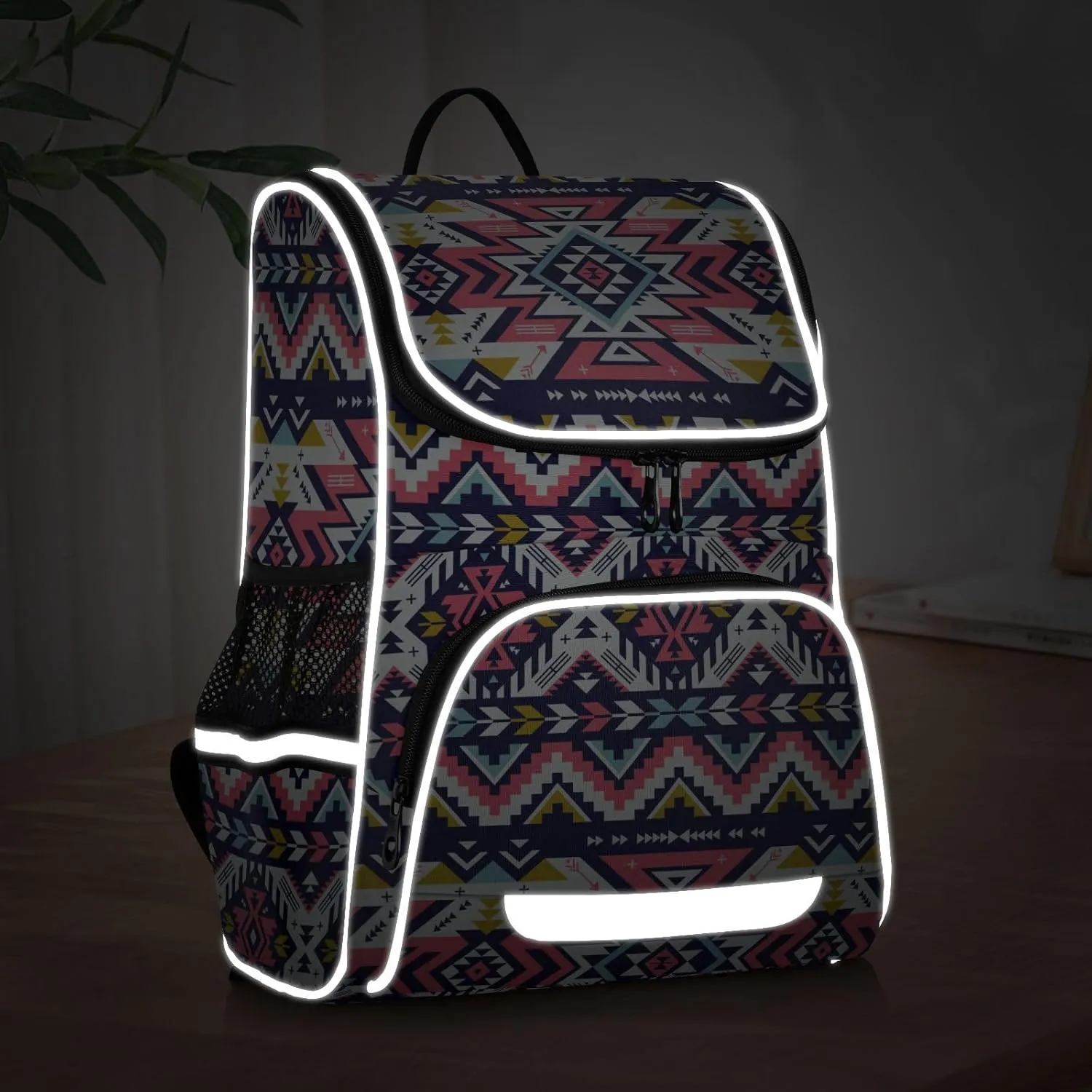 Pink Aztec School Backpacks for Girls, Aztec Print Bookbag Lightweight Durable for School Nursery, with Nighttime Reflector Safety and Anti-Theft