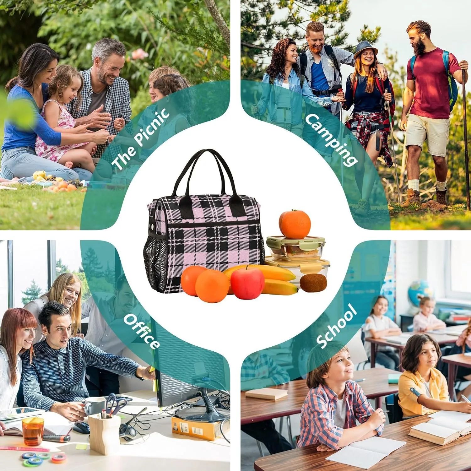 Pink Black Tartan Plaid Valentines Lunch Bag Insulated Cooler Bag Tote Reusable Lunch Box for Women Men Adult Adjustable Shoulder Strap Leakproof for Work Picnic