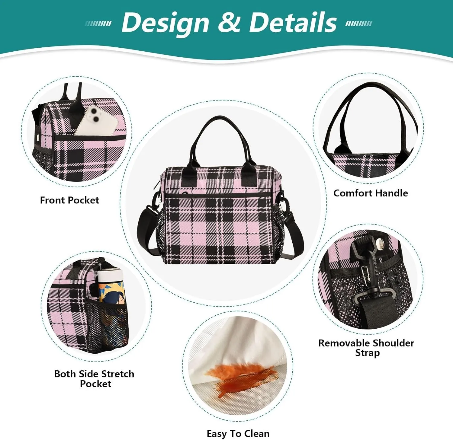 Pink Black Tartan Plaid Valentines Lunch Bag Insulated Cooler Bag Tote Reusable Lunch Box for Women Men Adult Adjustable Shoulder Strap Leakproof for Work Picnic