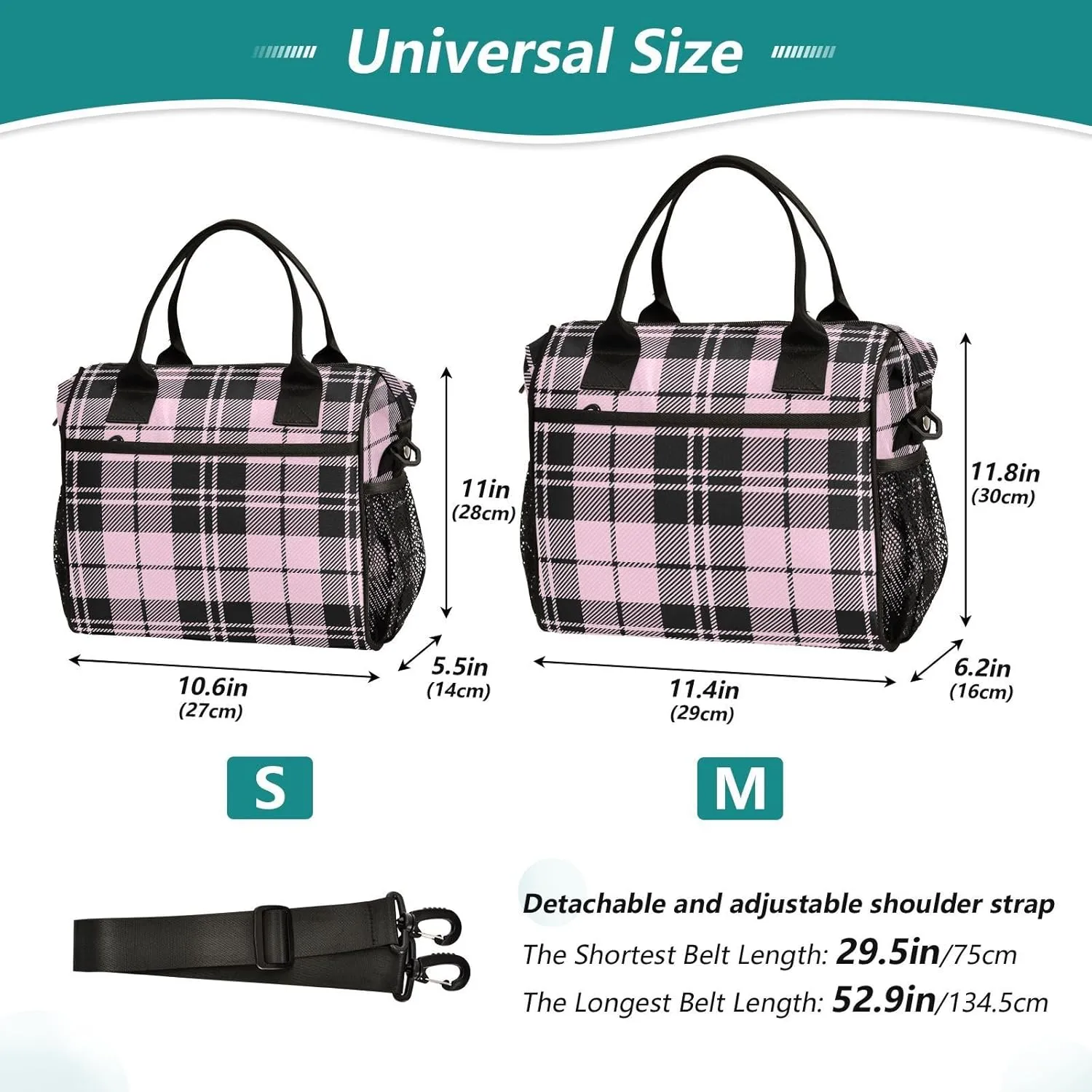 Pink Black Tartan Plaid Valentines Lunch Bag Insulated Cooler Bag Tote Reusable Lunch Box for Women Men Adult Adjustable Shoulder Strap Leakproof for Work Picnic