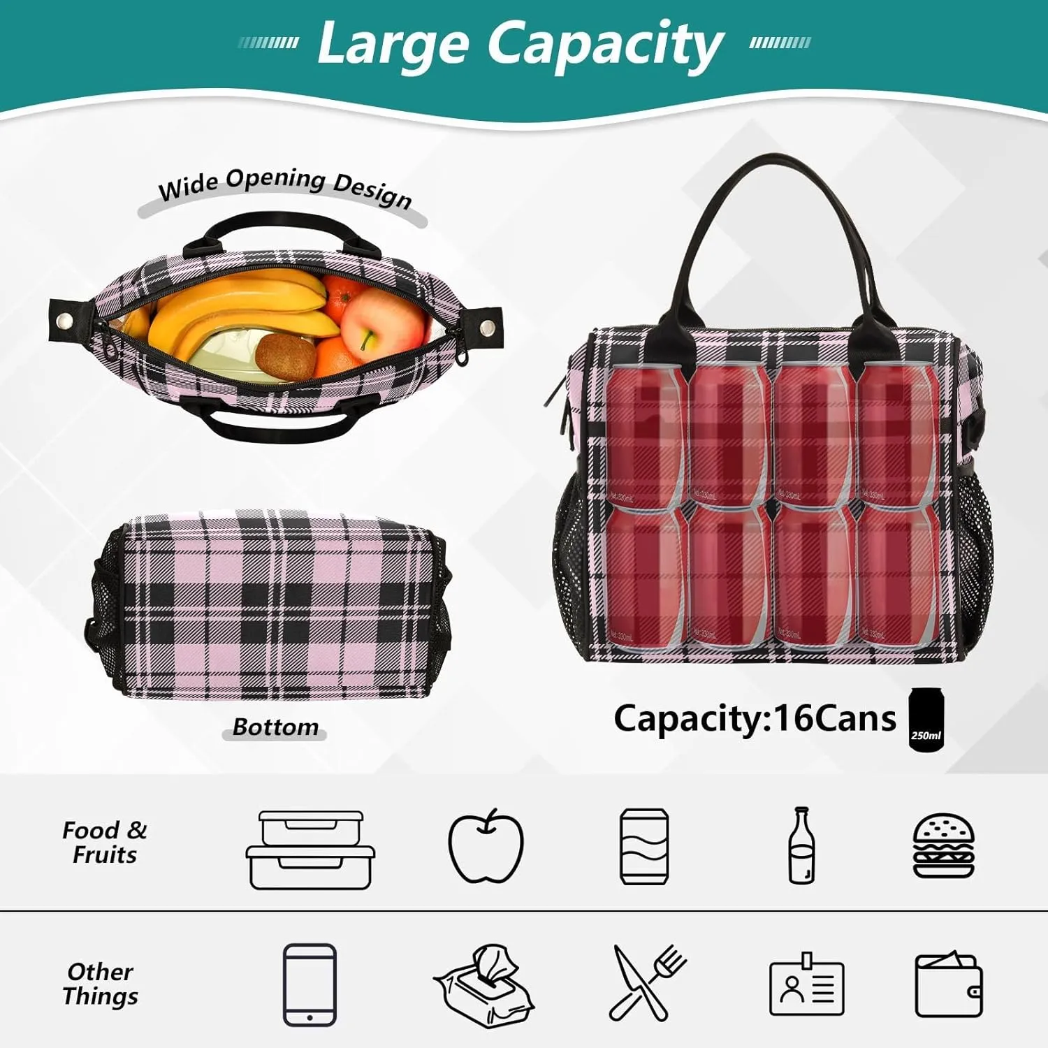 Pink Black Tartan Plaid Valentines Lunch Bag Insulated Cooler Bag Tote Reusable Lunch Box for Women Men Adult Adjustable Shoulder Strap Leakproof for Work Picnic