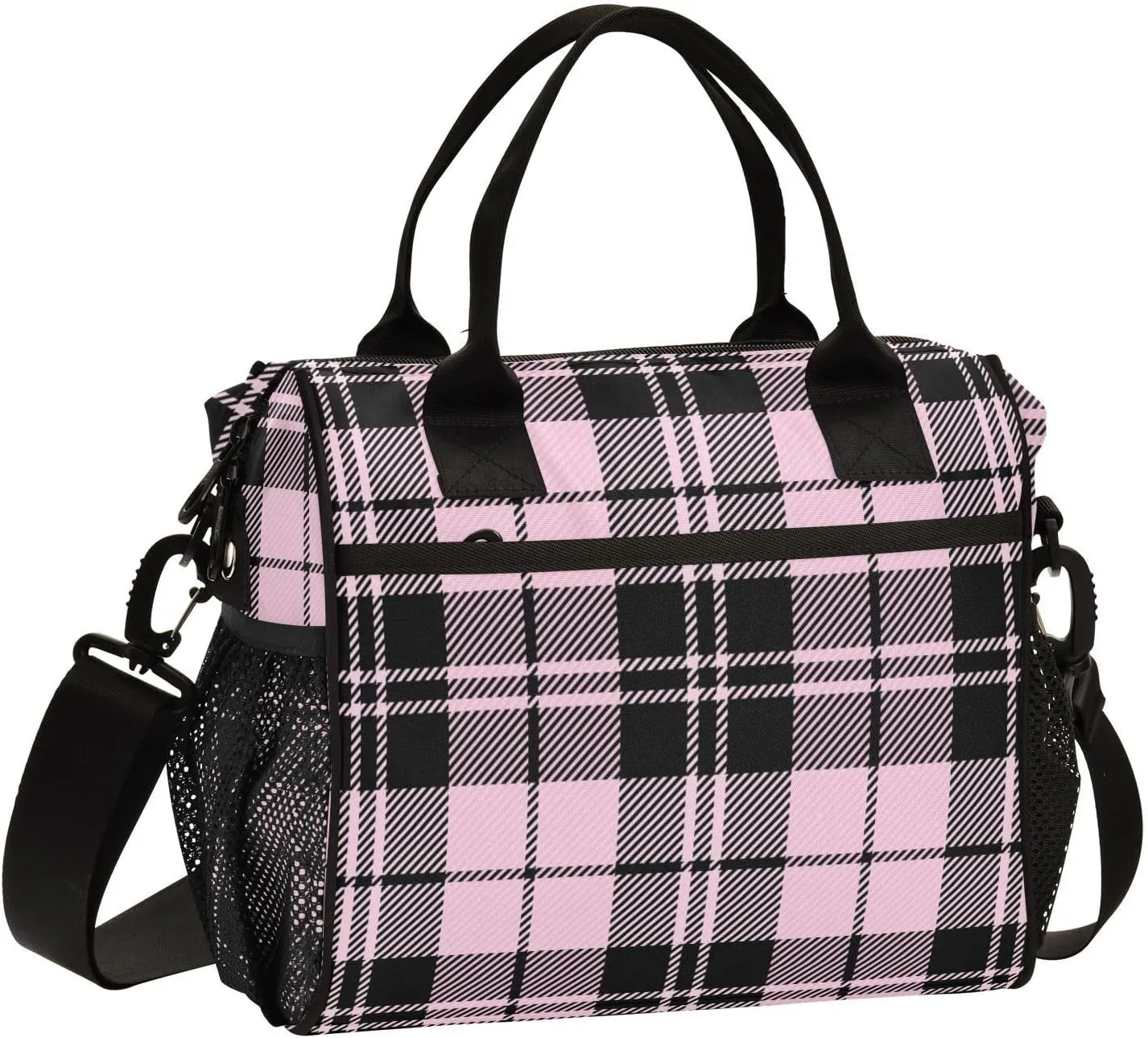 Pink Black Tartan Plaid Valentines Lunch Bag Insulated Cooler Bag Tote Reusable Lunch Box for Women Men Adult Adjustable Shoulder Strap Leakproof for Work Picnic