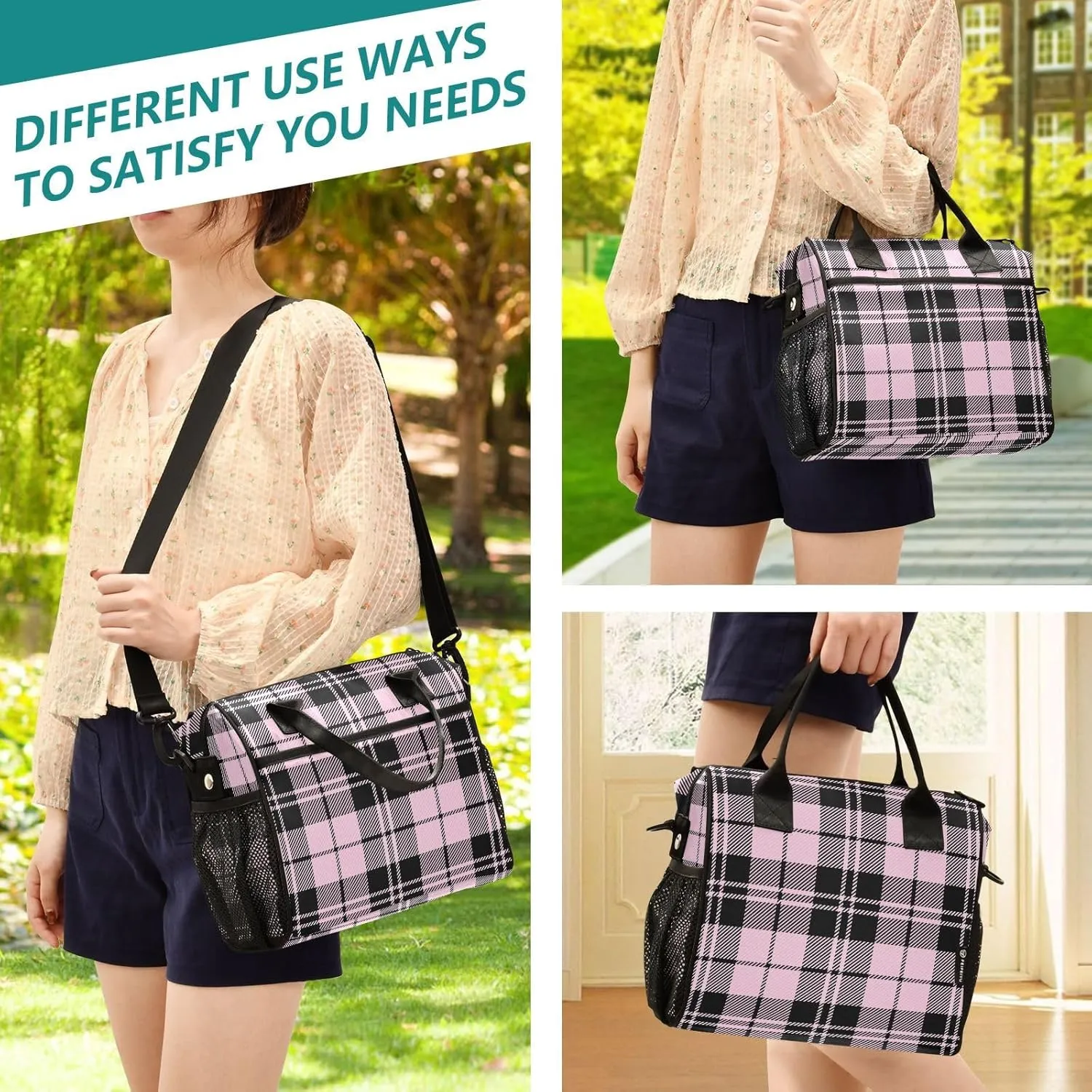 Pink Black Tartan Plaid Valentines Lunch Bag Insulated Cooler Bag Tote Reusable Lunch Box for Women Men Adult Adjustable Shoulder Strap Leakproof for Work Picnic