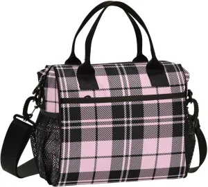 Pink Black Tartan Plaid Valentines Lunch Bag Insulated Cooler Bag Tote Reusable Lunch Box for Women Men Adult Adjustable Shoulder Strap Leakproof for Work Picnic