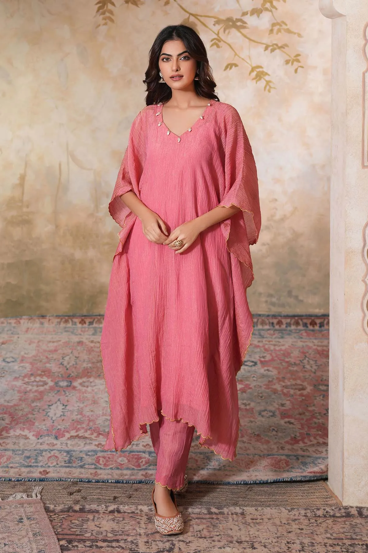 Pink Embroidered Long Kaftan