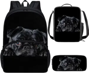 PinUp Angel Black Bulldog Print Cute Backpacks Sets with Pencil Bag Lunch Bag for Girls Boys, Kids Travel Backpack School Bags Bookbag Gift
