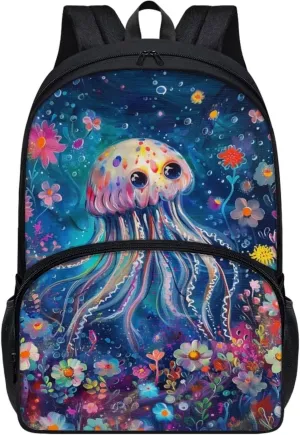 PinUp Angel Cartoon Jellyfish Print Kids Art Oil Painting Animal Patterned Backpack for Elementary Primary Middle School Bags for Teens Children Cute Book Bags Gifts