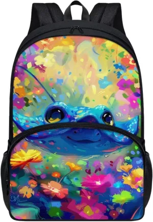 PinUp Angel Cute Cartoon Stingray Print Kids Backpack for Girls Cute Art Oil Painting Animal Patterned Backpacks for Teen Boys Elementary Bookbag School Bag