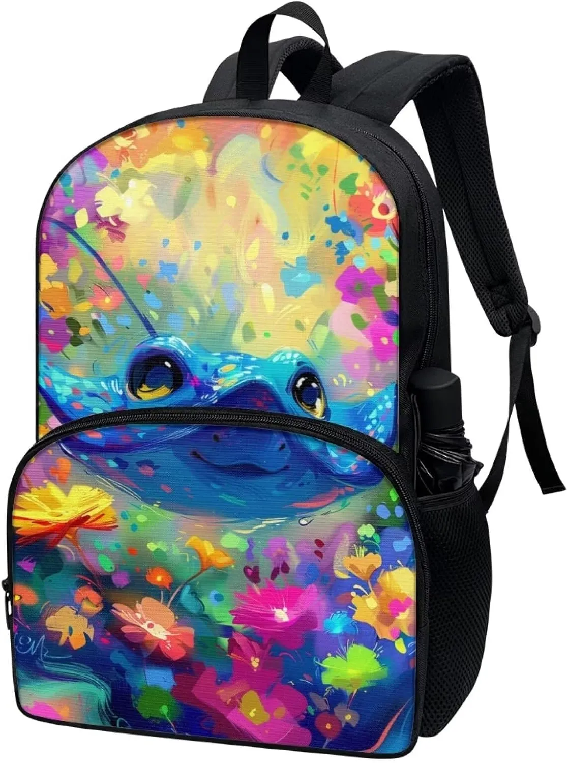 PinUp Angel Cute Cartoon Stingray Print Kids Backpack for Girls Cute Art Oil Painting Animal Patterned Backpacks for Teen Boys Elementary Bookbag School Bag