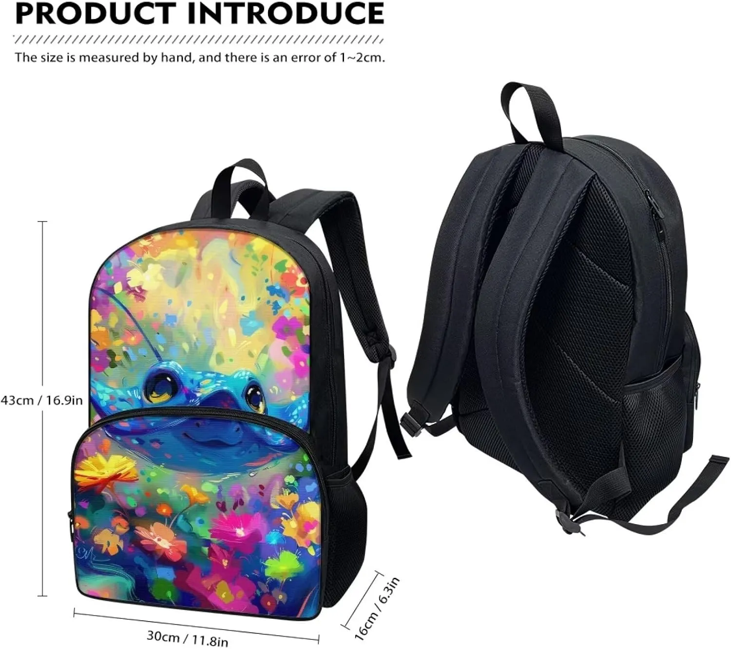 PinUp Angel Cute Cartoon Stingray Print Kids Backpack for Girls Cute Art Oil Painting Animal Patterned Backpacks for Teen Boys Elementary Bookbag School Bag