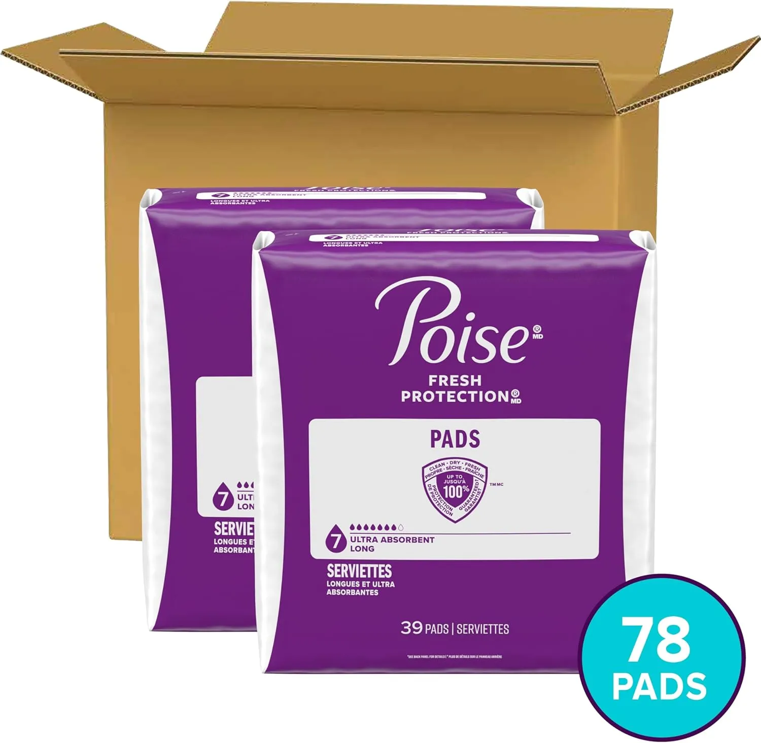 Poise Incontinence & Postpartum Pads for Bladder Leaks, 7 Drop Ultra Absorbency, Long Length, 78 Count, Packaging May Vary
