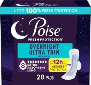 Poise Overnight Ultra Thin Incontinence & Postpartum Pads with Wings for Bladder Leaks, 8 Drop Extra Absorbent, Long Length, 20 Count