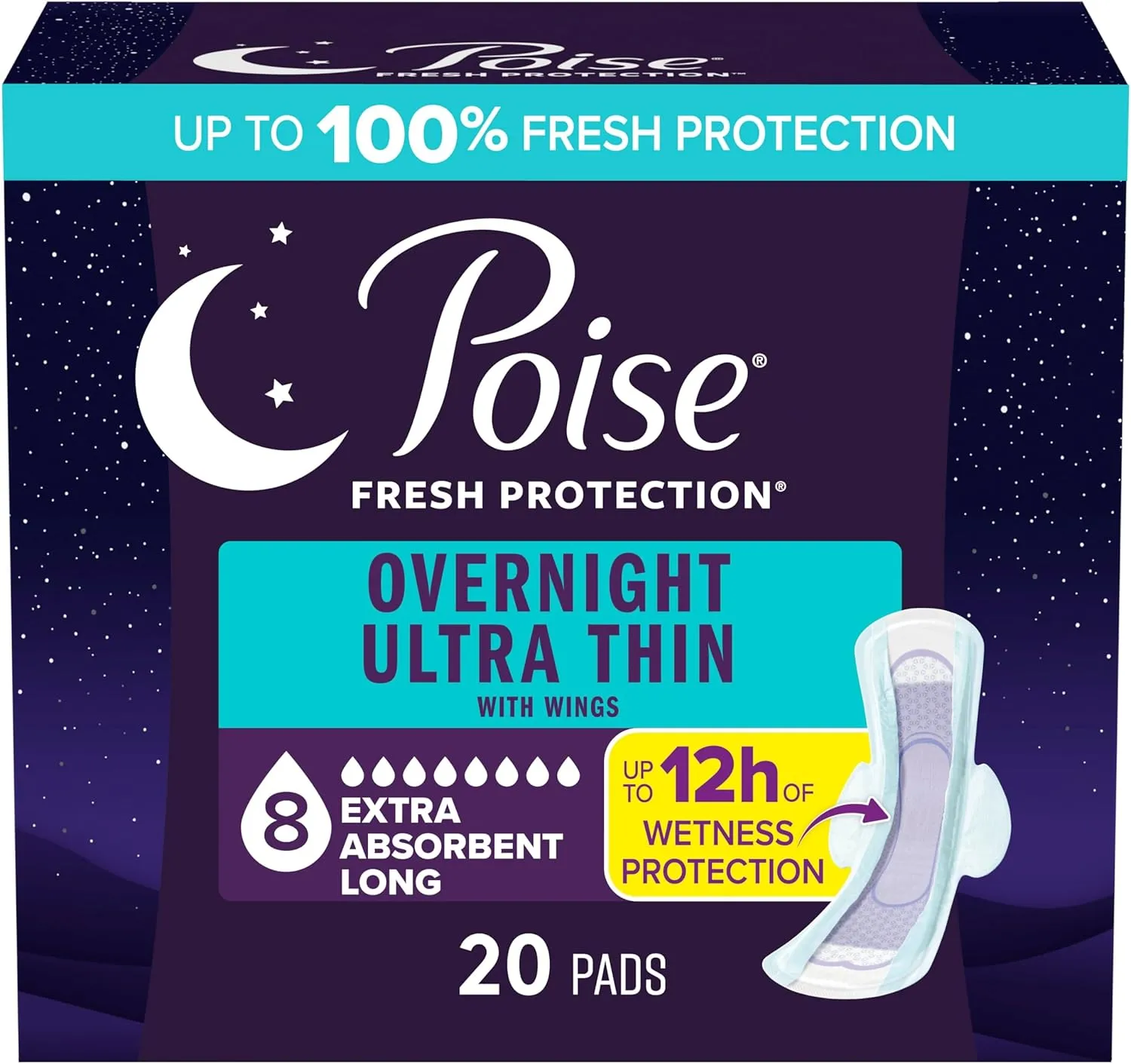 Poise Overnight Ultra Thin Incontinence & Postpartum Pads with Wings for Bladder Leaks, 8 Drop Extra Absorbent, Long Length, 20 Count