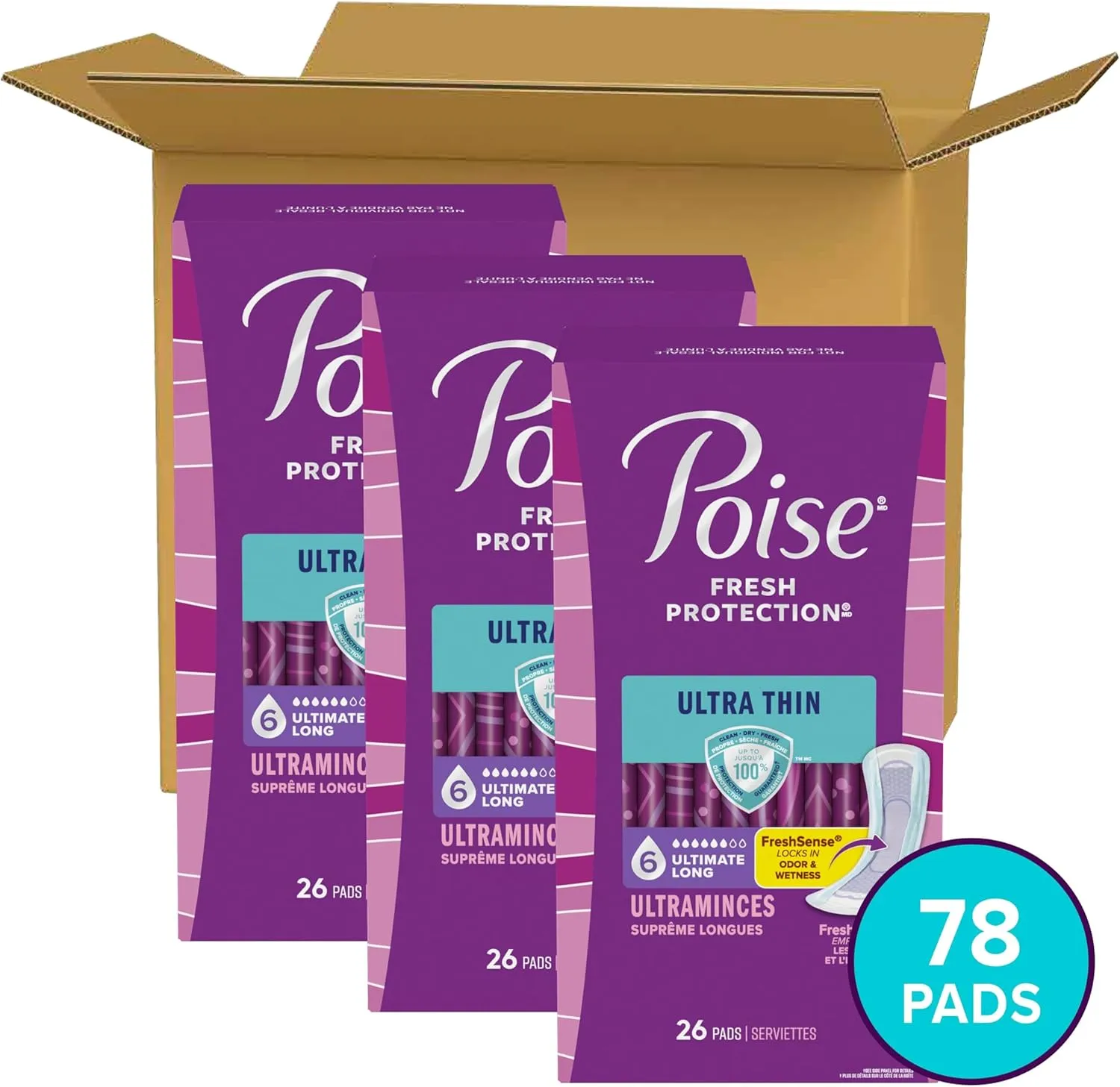 Poise Ultra Thin Incontinence Pads & Postpartum Incontinence Pads, 6 Drop Ultimate Absorbency, Long Length, 78 Count (3 Packs of 26),Packaging May Vary