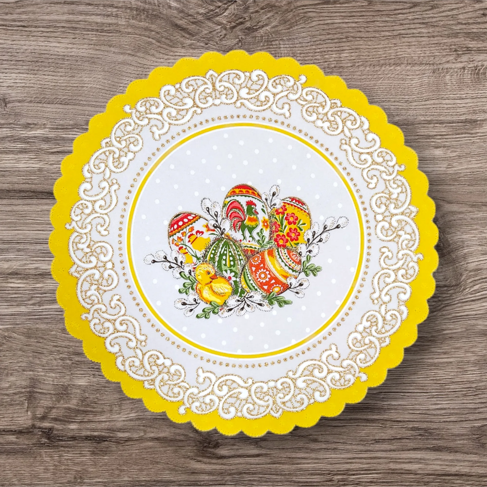 Polish Folk Easter Eggs with Chicks & Rooster Round Doily 13.5"x13.5"