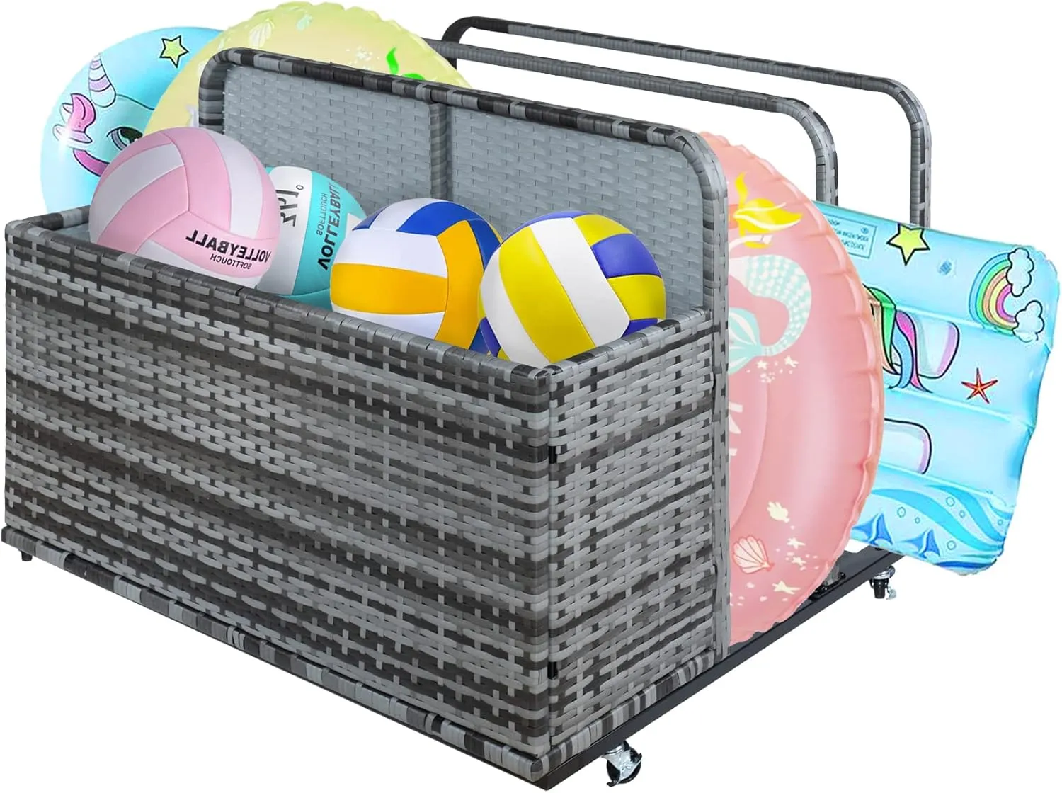Poolside Float Storage Organizer, Outdoor Wicker Patio Poolside Float Storage, PE Rattan Rolling Pool Float Caddy with Compartment and Basket, for Pool, Garden, Patio, Gradual Grey