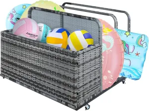 Poolside Float Storage Organizer, Outdoor Wicker Patio Poolside Float Storage, PE Rattan Rolling Pool Float Caddy with Compartment and Basket, for Pool, Garden, Patio, Gradual Grey