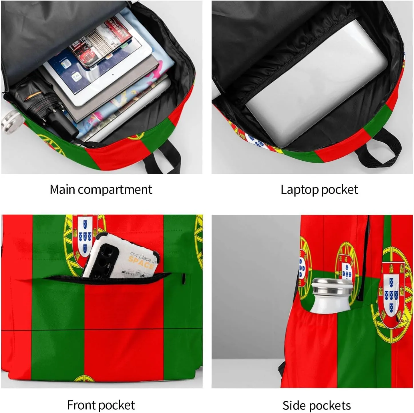 Portugal Portuguese Flag Casual Backpack Large Capacity Travel Backpacks Laptop Daypack Commuter Rucksack Adjustable Strap Sports Bags for Hiking Biking