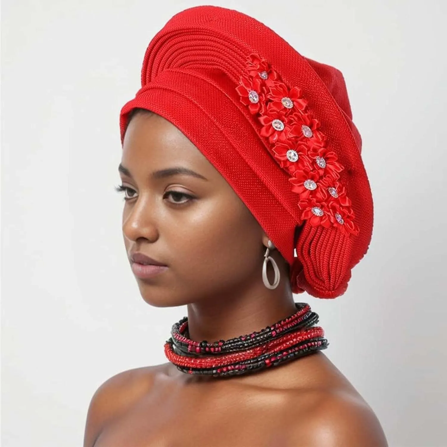 Pre-Tied Nigerian Auto Gele Head Tie African ASO Oke Headwrap Handmade Turban Hat Cap for Women Wedding Party