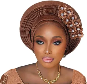 Pre-Tied Nigerian Auto Gele Head Tie African ASO Oke Headwrap Handmade Turban Hat Cap for Women Wedding Party