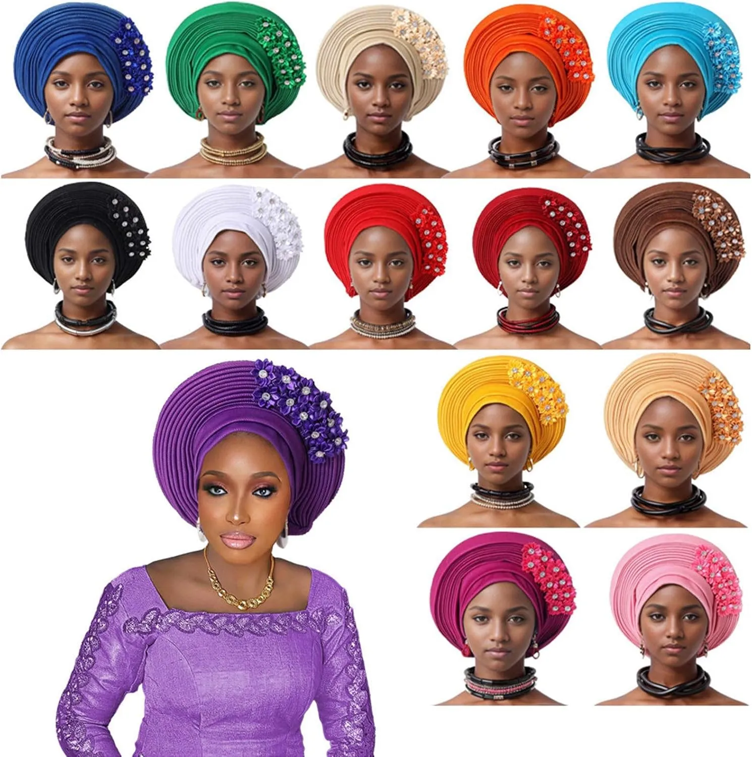 Pre-Tied Nigerian Auto Gele Head Tie African ASO Oke Headwrap Handmade Turban Hat Cap for Women Wedding Party