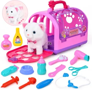 Pretend Play Vet Toys Pet Set for Kids Walk and Meow Little Cat Pet Care Roleplay with Feeding Tools Case Early Educational Toys for Boys Girls Toddlers 2  Years Old Gift-Press Ear to Move and Sing