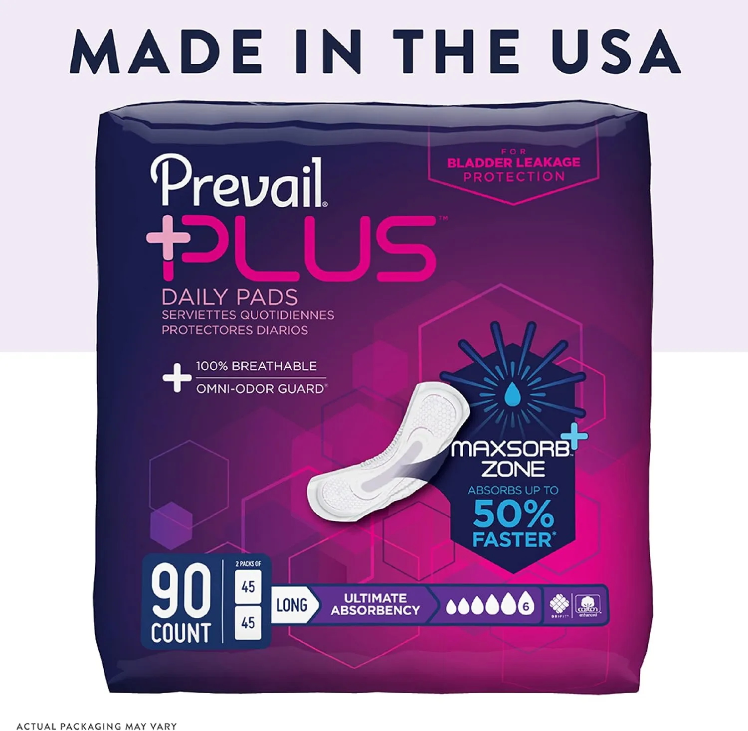 Prevail Plus | Long Length Incontinence Bladder Control Pads | Ultimate Absorbency | 90 Count (2 packs or 45)