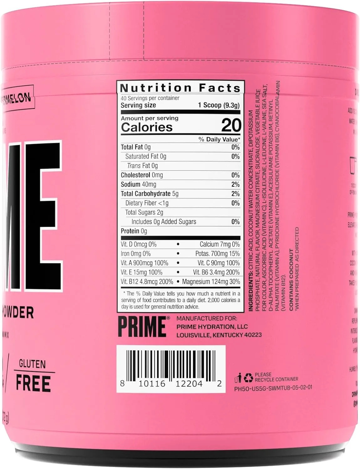 PRIME HYDRATION  Powder Strawberry Watermelon, Caffeine-Free, Electrolyte Powder On The Go, 250mg BCAAs, B Vitamins, Low Sugar, Vegan, 5 Gallon Tub