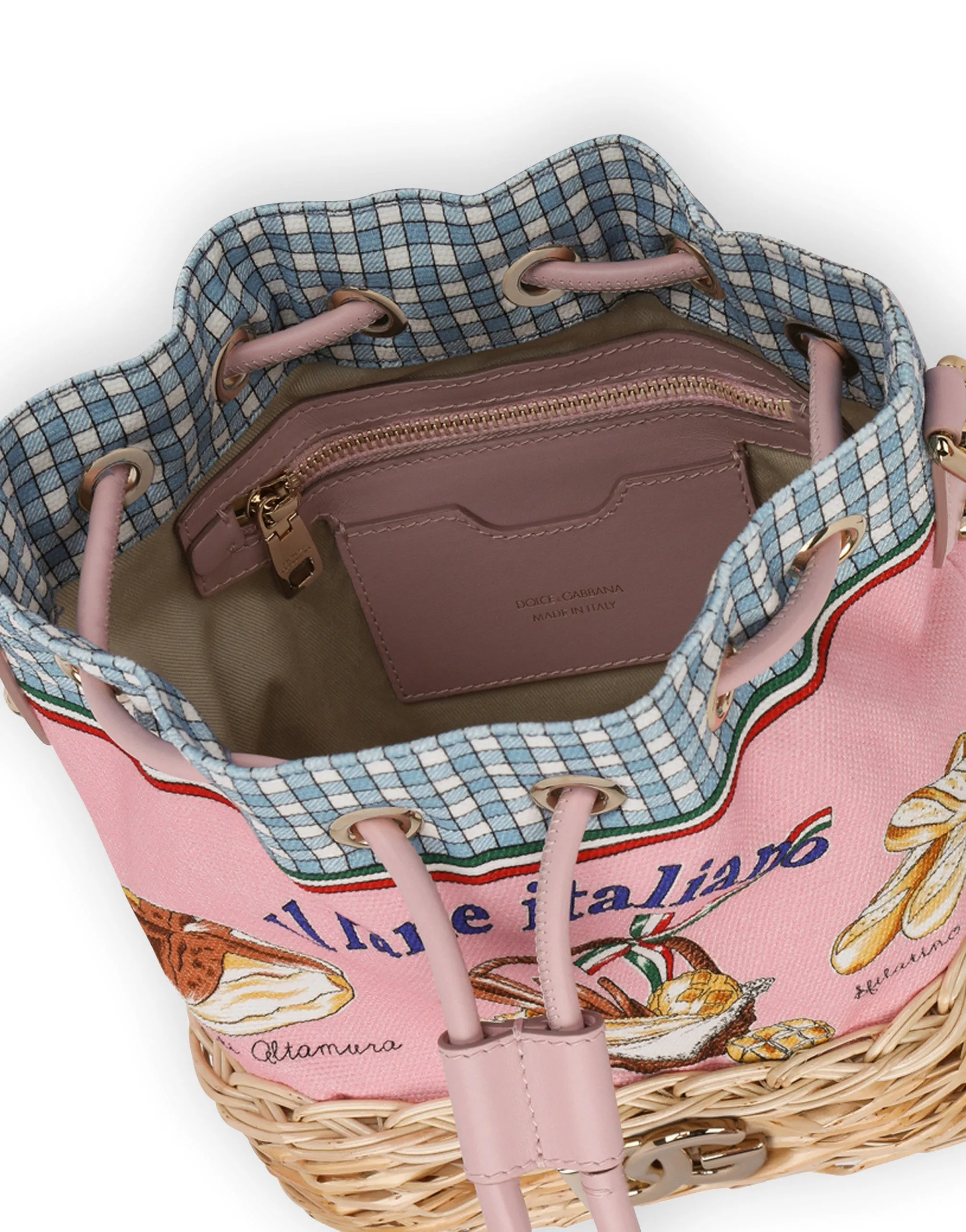 Printed canvas and wicker bucket bag